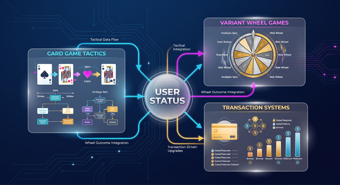 Mobile app interface showing card game tactics integrated with wheel variants and transaction flows for user progression