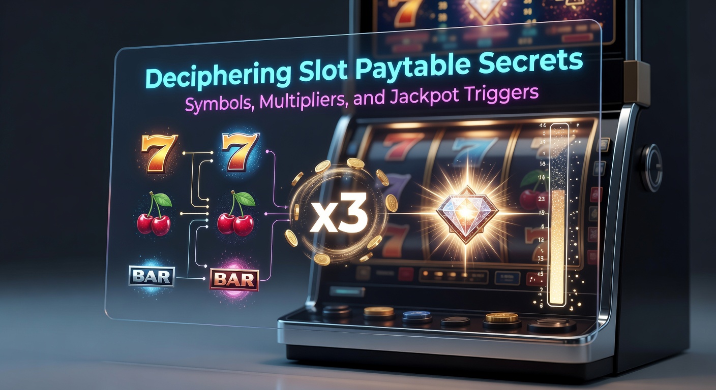 Close-up view of a vibrant slot machine paytable displaying various symbols, multipliers, and jackpot indicators on a digital screen