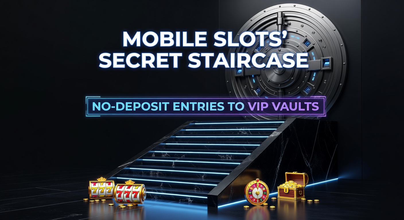 Digital illustration showing a glowing staircase ascending from a mobile phone screen into a treasure-filled VIP vault, symbolizing no-deposit access in slots